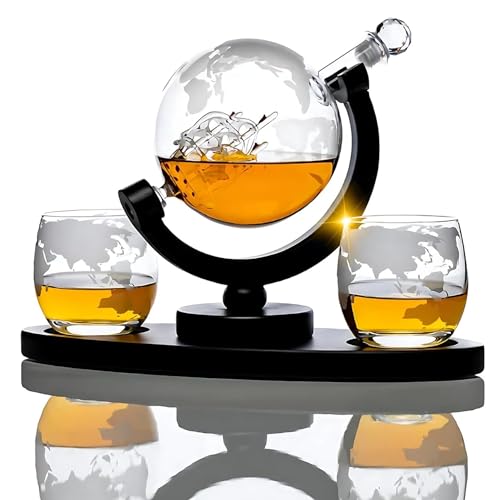 Whiskey Decanter – Elegant Globe Design with Etched World Map, Includes 2 Etched Glasses by KitchenBliss - Used condition - US$41.69
