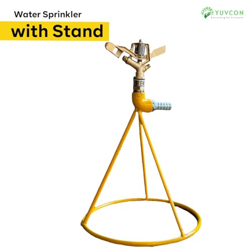 Image of YUVCON Sprinkler with Stand, 360 Degree Rotating Brass Sprinkler with 3 /4 inch Nipple for Pipe Attachment, Iron Metal Circular Base Stand, High Impact Water Sprinkler for Gardening & Agriculture