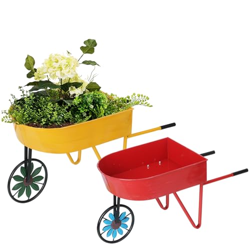 BAYN Metal Wheelbarrow Flower Cart Planter, 2 Packs Plant Stands with Triangular Support Handles Non-Rolling Wheel Vintage Wagon Planter Pots for Home Patio Garden Backyard Rustic Outdoor Decor