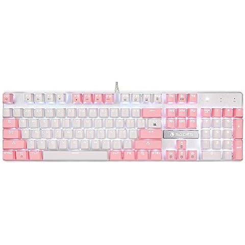 SADES Mechanical Gaming Keyboard, Blue Switches 104 Keys Mechanical Gaming Keyboard,Wired USB White LED Backlit Cute Computer Keyboard, Pink Mechanical Gaming Keyboard for PC/Laptop(White Pink) Cover