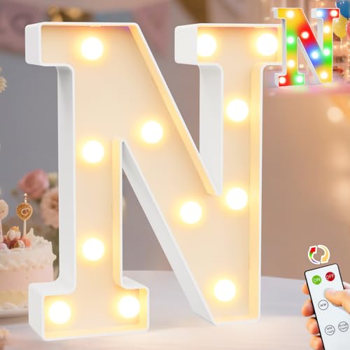 Image of Pooqla LED Light Up Letters, Warm White and Colorful Lighted Marquee Letters with Remote, Lighted Letter for Party Birthday Decorations, Gift for Girls Boys Night Light, Wedding Home Decor, Letter N