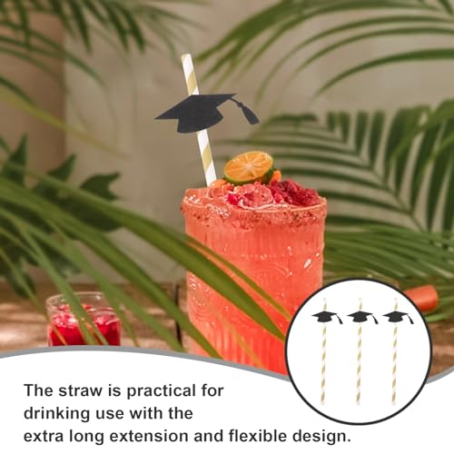 12 pitillos flexibles de papel para graduación negro y dorado miniatura 6