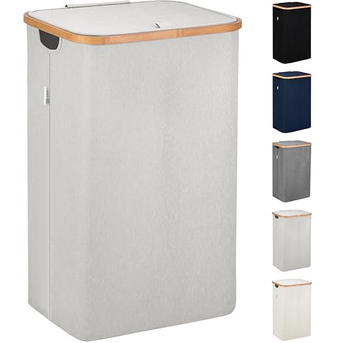 Image of LONBET Laundry Basket with Lid, Made from Breathable Fabric | Aesthetic Clothes Hampers for Laundry with Side Handles & Sturdy Bamboo Frame (26 Gallons - Single, Light Gray)