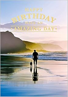 Abacus Cards General Male 'Happy Birthday' Card - 'Man Walking Dog on Tranquil Beach' - Foil and Embossed Finish - for Him - The Graphite Range