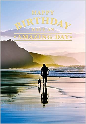 Abacus Cards General Male 'Happy Birthday' Card - 'Man Walking Dog on Tranquil Beach' - Foil and Embossed Finish - for Him - The Graphite Range
