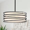 Aol furin 15.7" Black Drum Chandelier for Dining Room, Modern 4-Light Pendant Light with White Fabric Shade, Rustic Farmhouse Ceiling Light for Hallway Kitchen Island Bedroom