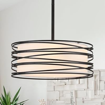 Aol furin 15.7" Black Drum Chandelier for Dining Room, Modern 4-Light Pendant Light with White Fabric Shade, Rustic Farmhouse Ceiling Light for Hallway Kitchen Island Bedroom