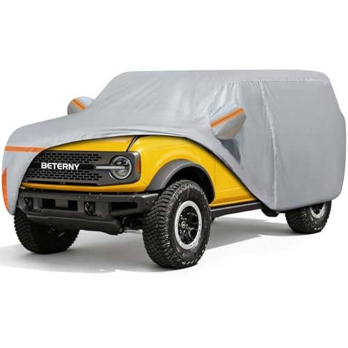 Car Cover for 2021-2025 Bronco 4 Door Waterproof Custom-fit All Weather Sun Rain UV Dust Snow Wind Protection Outdoor Indoor Bronco Full Car Cover with Door Zipper and Cotton Lining-Gray