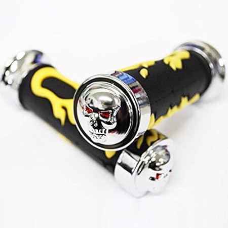 Amazon バイク ハンドル グリップ スカル ドクロ 炎 フレイム ファイアー F22 2 7 8インチ 汎用 Atv 四輪 バギー トライク 等 左右セット 2カラー ハンドルグリップ イエロー グリップ 車 バイク