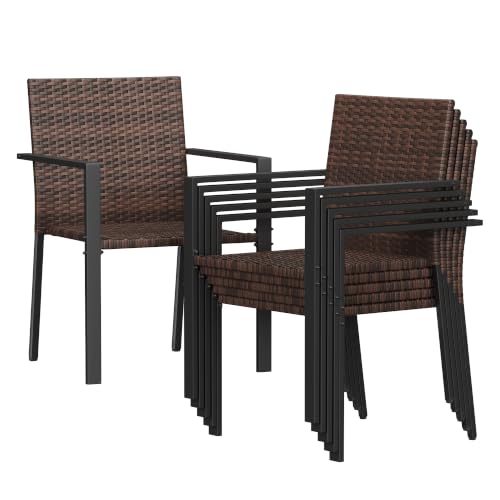 Image of Amopatio Stackable Wicker Chairs, Patio Dining Chairs Set of 6, All-Weather Breathable Outdoor Dining Chair, Steel Frame, Armchair w /Armrests, for Garden, Porch, Deck, Poolside, Fire Pit, Brown