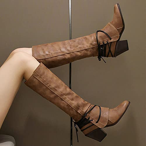 Knee High Boots Women - Vintage Pointed Toe Straps Lace Up Chunky Heel Long Boots Winter Warm Solid High Heel Leather Riding Boots Casual Shoes3