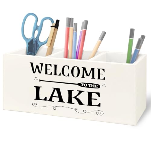 Image of Welcome to the Lake Lake Wooden Pen Pencil Holder for Home Office Desk Accessories, Gifts for Lakes Lovers Makeup Brush Toothbrush Holder Organizer for Bathroom