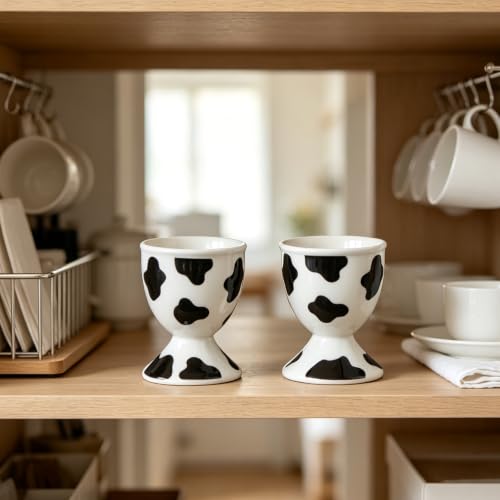 Image of Cinf Ceramic Egg Cups, Set of 2, Cow Print Boiled Egg Holders for Breakfast
