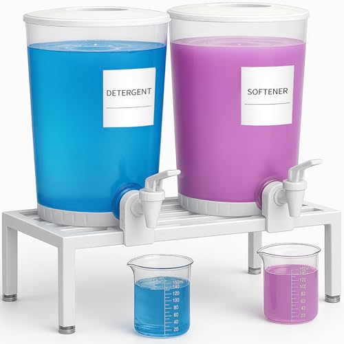 Lifewit 2-Pack Liquid Laundry Detergent Dispenser, 118 fl oz/3.5L Laundry Room Soap Dispenser with Leak-Proof Spigot, Plastic Containers for Fabric Softener, Bleach with Stand, Labels, Measuring Cups