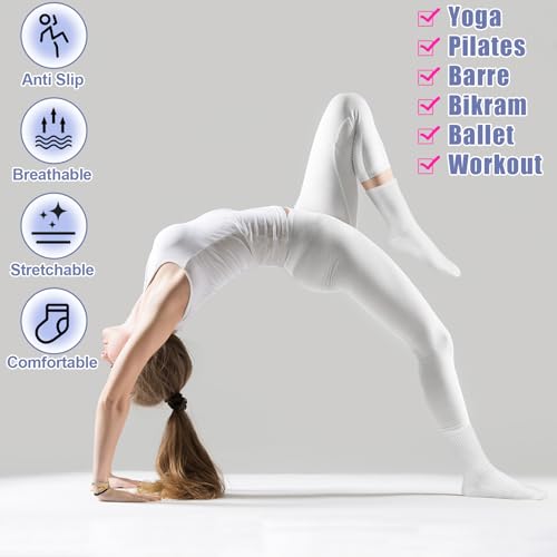 Image of Jspupifip 4 Pairs Cute Pilates Socks for Women Non Slip Yoga Socks with Grips for Barre Workout Athletic Hospital White