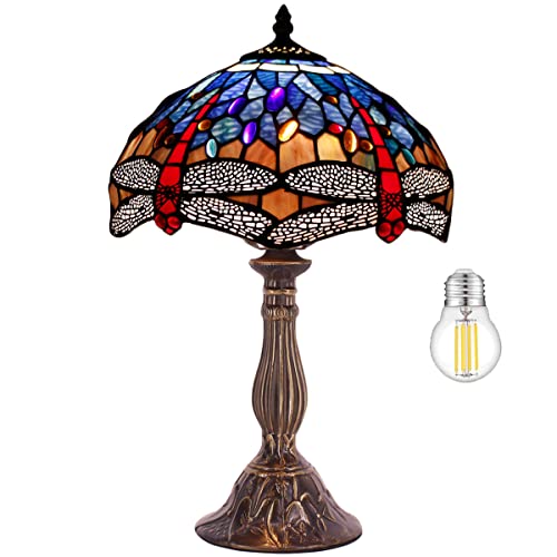Image of WERFACTORY Tiffany Lamp Blue Red Stained Glass Dragonfly Style Bedside Table Lamp