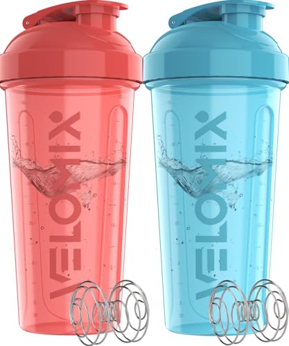 -2 Pack- 28 oz Protein Shaker Bottles for Protein Mixes - 2x Wire Whisk | Leak Proof Shaker Cups for Protein Shakes and Pre Workout | Protein Shaker Bottle Pack (Blue/Pink)