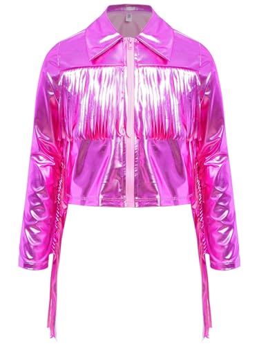 Kids Girls Sequin Tassel Bomber Jacket Long Sleeve Hip Hop Jazz Dance Top Zipper Coat Outerwear Clubwear3