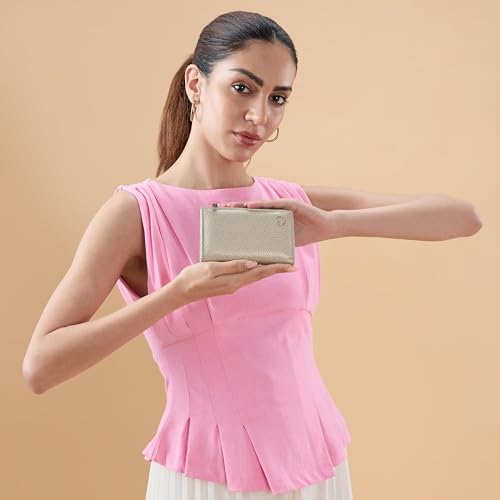 Image of Caprese Monique Small Textured Bifold Wallet for Women | Compact Handheld Purse with 6 Card Holder Slots | Slim Designer Wallet with Secure Snap Button & Zippered Coin Pocket (Gold)