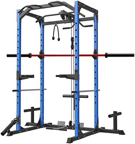 Mikolo Power Cage with LAT Pulldown System, 1200 Pounds Capacity Power Rack with 1500LBS Red Barbell, Multi-Functional Squat Rack with 13-Level Adjustable Height and J-Hooks, T-Bar, F4-Blue