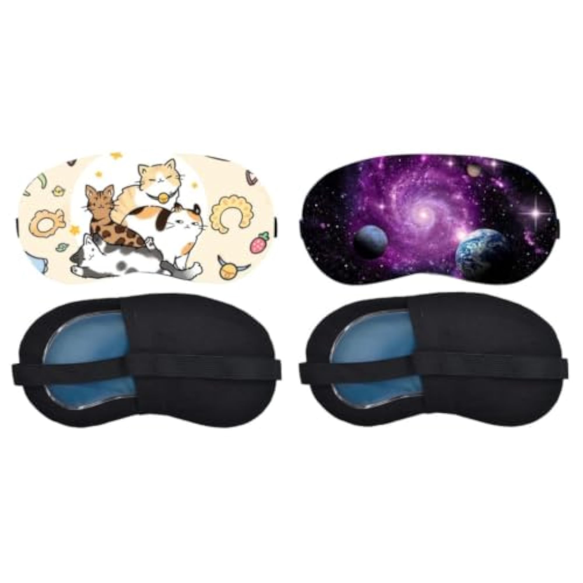 Playful Cats Pattern Purple Galaxy Planets Sleeping Mask Combo, Light-Blocking Eye Cover