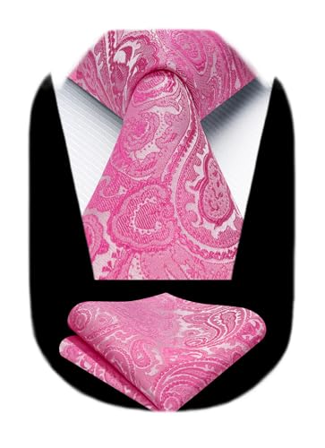 Image of HISDERN Extra Long Ties for Men Classic Floral Tie and Pocket Square Elegant Silk Necktie Handkerchief Set Wedding Party