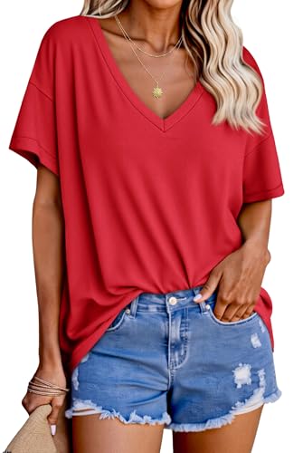 Tankaneo Womens Oversized Tshirts V Neck Short Sleeve Tops Summer Casual Loose Fit Tunic Tee Shirts Red