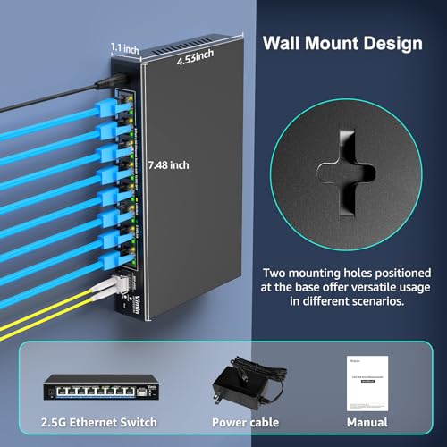 Image of 8 Port 2.5G Web Managed Ethernet Switch with 10G SFP, VIMIN 9 Port 2.5G Smart Network Switch Managed 60Gbps Switching Capacity, Support Vlan /QoS /IGMP /Static Aggregation, Desktop /Wall-Mount, Fanless