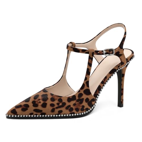 Image of SAMMITOP Womens High Heels Ankle Strap Pointed Toe Stilettos Patent Leather Beaded Pumps Dress Shoes 3.5 Inch