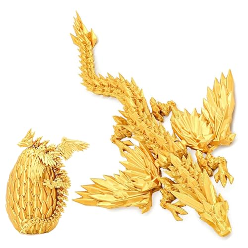 3D Printed Dragon with Wings, Dragon Toy with Egg, Gold Figurine with Wings & Egg, Fantasy Collectible Art