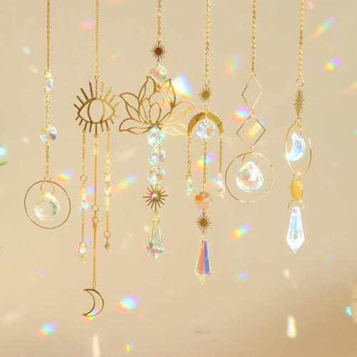 Sun Catcher Crystal Wind Chime, Pack of 6 Crystal Pendant Decoration, Gold Moon Star Rainbow Crystals Pendant