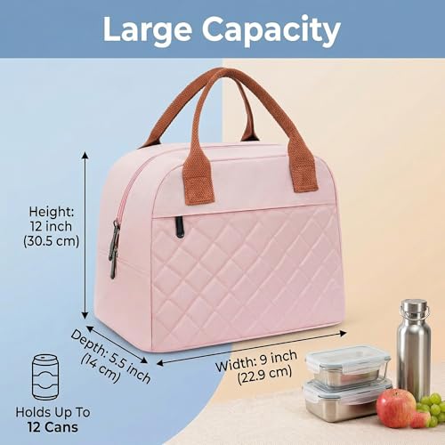 Image of SaleOn 7.5 LTR Thermal Insulated Lunch Bag for Women & Girls | Stylish Tiffin Bag | Big Size Food Carrier Tote for Office, College, School | Pink Travel Lunch Box Pouch with Handle (Pink)