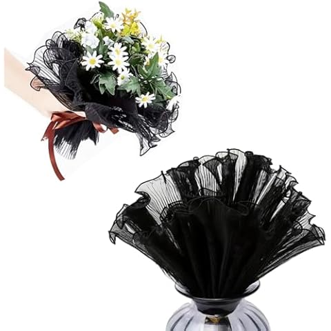 4.37 Yards Flower Wrapping Mesh Paper,Wavy Edge Bouquet Packaging Paper Wrinkled Translucent for Party Favor Decor, Valentine's Day Florist Supplies Wedding Birthday Gift Packaging Black Cover