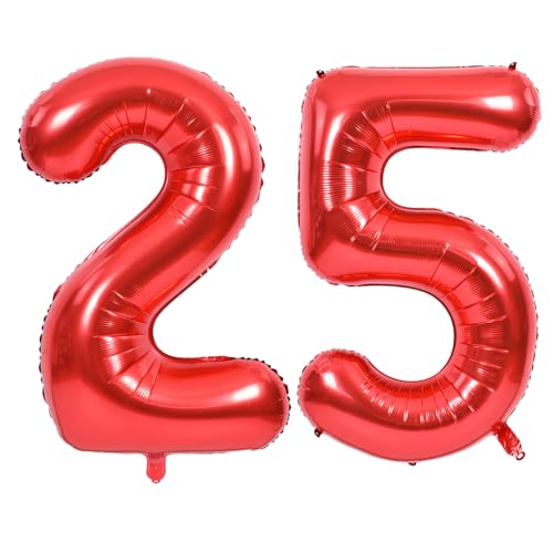 Image of TONIFUL 40 Inch Red Number 25 Balloons Large Foil 25th Birthday Decorations
