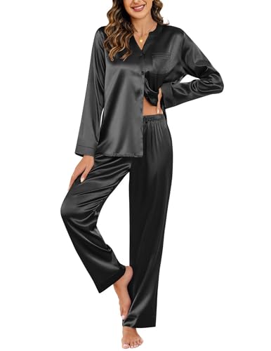 Ekouaer Silk Pajamas For Women 2 Piece Set Satin Pjs Long Sleeve Button Up Sleepwear Comfy Lounge sets Black