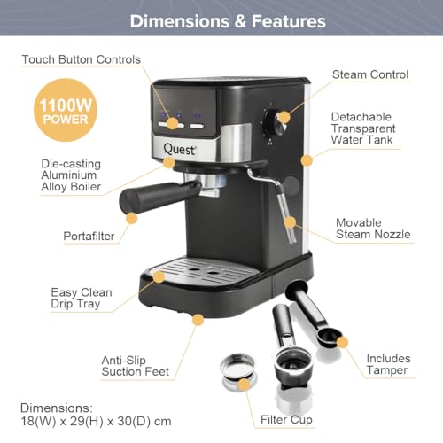 Quest Espresso Coffee Machine / 15 Bar Pressure/Filter & Measuring Cups Included / 1.2L Water Tank/Dual Stainless Steel Filter/Compatible with Ground Beans / 1100W - Image 3