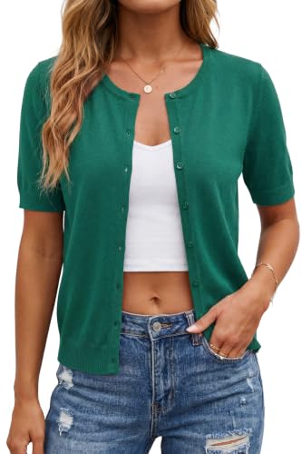 Image of Arach&Cloz Women's Wool Blend Cropped Lightweight Short Sleeve Summer Business Casual Cardigan Tops
