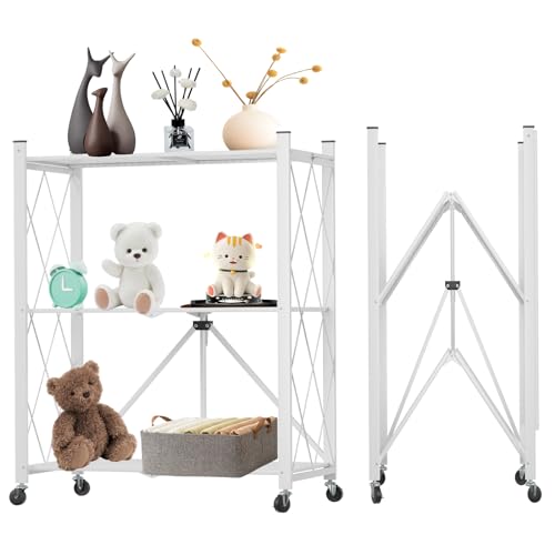 Image of 3 Tier Foldable Storage Shelf with Wheels Heavy Duty Garage Shelving | Unit Loads 550 LBS, Metal Steel Collapsible Shelves, Rolling Standing Utility Rack for Kitchen, Pantry, Office, White