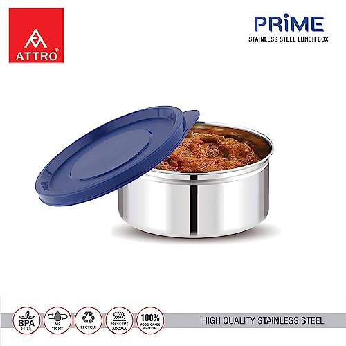 Image of ATTRO Prime Stainless Steel Single Wall Storage Containers Airtight & Leak Proof Containers for Office Use, School, Picnic, 400ml -Blue-Set Of 4