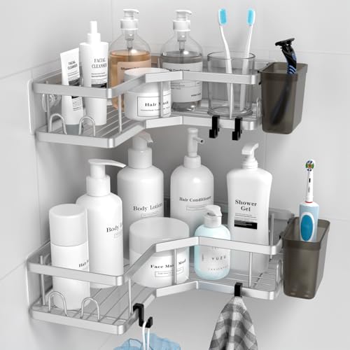 AKTECKE Corner Shower Caddy Shelf Rack: 2 Pack Adhesive Shower Organizer Essentials - No Drilling Stainless Steel Shower Storage Rack with Hooks and Toothpaste Holder - Bathroom Accessories