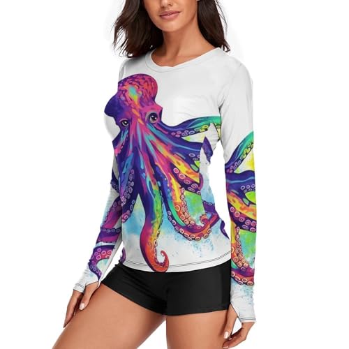 Colorful Octopus Rash Guard for Women Long Sleeve Swimsuits Sun Protection Sun Shirt Swim Shirts Hiking Tops2