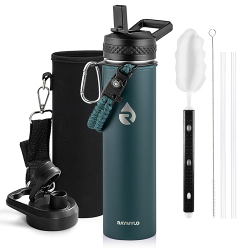 Image of RAYMYLO Insulated Water Bottle 24 oz, Triple Wall Vacuum Stainless Steel (Cold for 24Hrs, Hot for 12Hrs), Leak Proof & Non-BPA, Modern Water Flask Jug with Paracord Handle & Straw Spout Lids