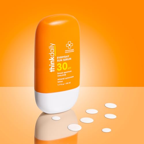 Thinkdaily SPF 30 Face Sunscreen Serum 1.7 oz, Mineral Sunscreen with Non-Nano Zinc Oxide 22%, UVA/UVB Protection, 80-Minute Water & Sweat Resistant, Lightweight Luminous Finish, Reef Friendly