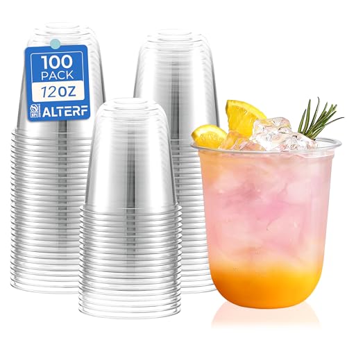 Alterf Compostable Clear Plastic Cups 12 oz Biodegradable Disposable Cups Plant-Based Plastic Cold Cups for Juice Wine Parties Weddings and Daily Use-100 Pack
