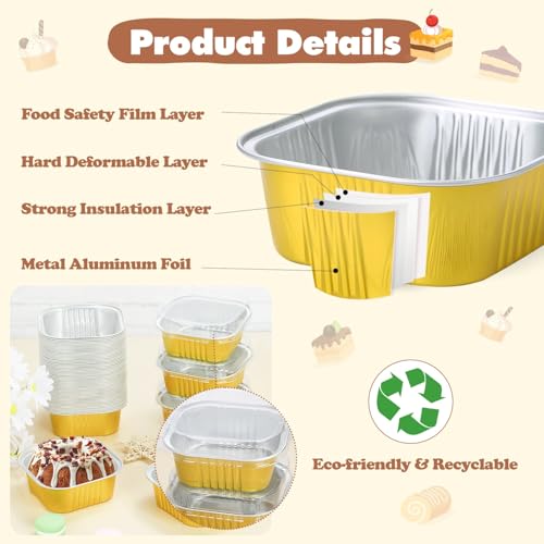 selizo 60 Pack 10oz Mini Disposable Cake Pans with Lids, Aluminum Foil Square Baking Cups, 4.4x4.4 Large Baking Cake Tins Cup Cake Containers with Lids for Individual Cakes by selizo - Image 4