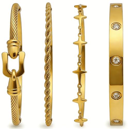 Lemnium-X 18K Gold Bracelets for Women,4Pcs Cartier Love Style Fashion Accessories,Non Tarnish Tennis Bracelet Arm Cuff Stackable Bangles Set for Love Trendy Jewelry