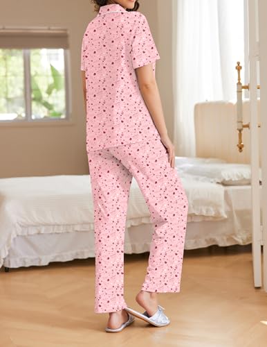 Image of Ekouaer Women Pajamas Set Button Down Sleepwear Short Sleeve Nightwear with Long Pants Soft Pjs Set S-XXL Dark Heart L