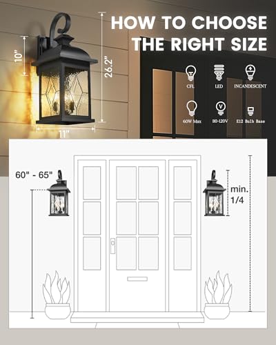 Image of FEMILA 3-Light Outdoor Wall Light, 26 inch Large Exterior Wall Lantern with Water Ripple Glass, Porch Light for Entryway, Patio, Garage, and Doorway, E12 Base, 4FD54B-L SD BK