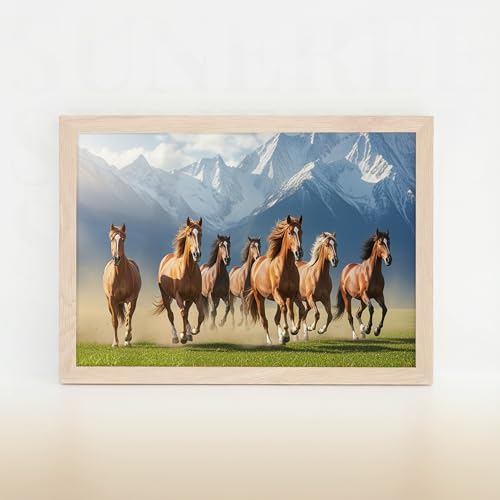 Image of Suneree 7 Horse Vastu Wall Painting - Running Horses Mountain Landscape Framed Wall Art for Living Room & Office Decor (Natural, Design 08, 13x19 Inch)