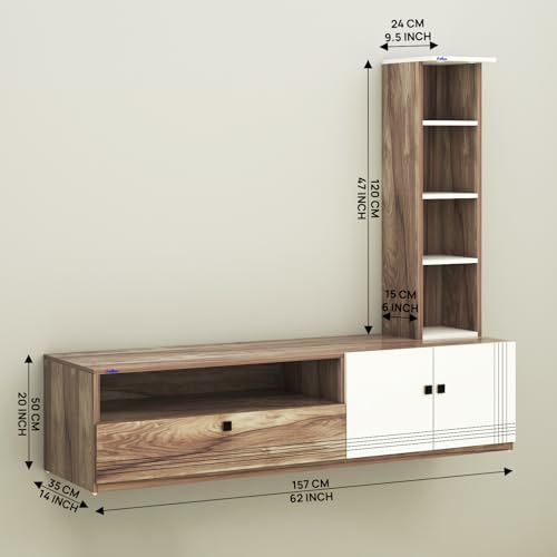 Image of Anikaa Engineered Wood Floor Standing Modern TV Unit with LED Light for Living Room | 2-Door & Open Box Cabinet with Side Shelf | Ideal for Up to 55 Inch | (Coachwood /White) DIY Installation